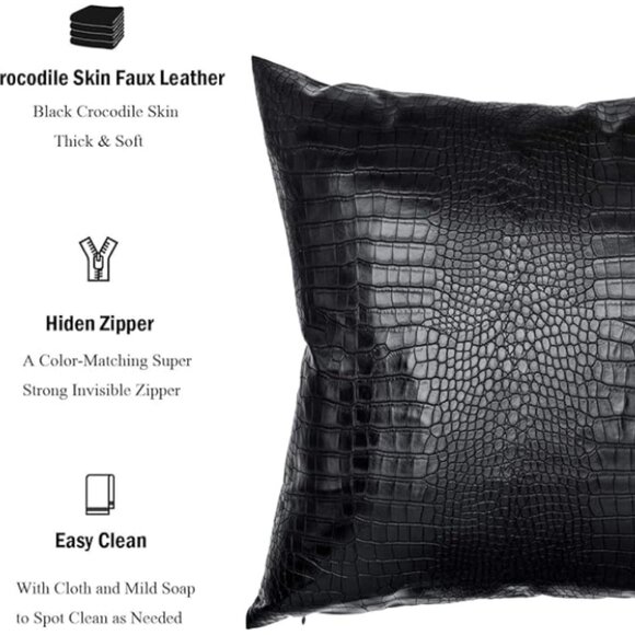 Black Crocodile Skin Faux Leather Cushion Cover 24" square - Insert Included - Picture 4 of 8